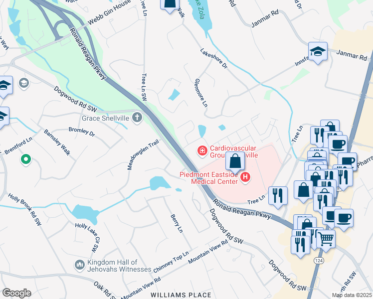 map of restaurants, bars, coffee shops, grocery stores, and more near 1499 Benham Drive in Snellville