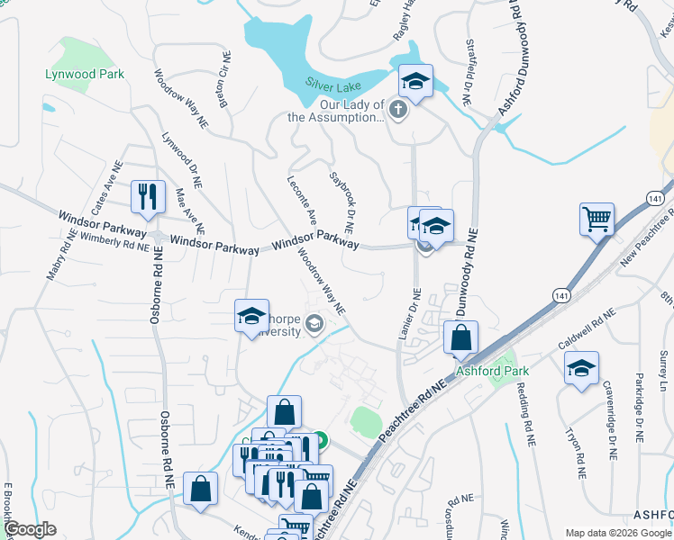 map of restaurants, bars, coffee shops, grocery stores, and more near 3107 Oglethorpe Way Northeast in Atlanta