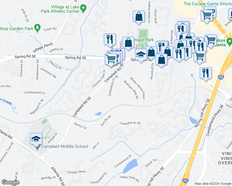 map of restaurants, bars, coffee shops, grocery stores, and more near 1167 Drewsbury Court in Smyrna