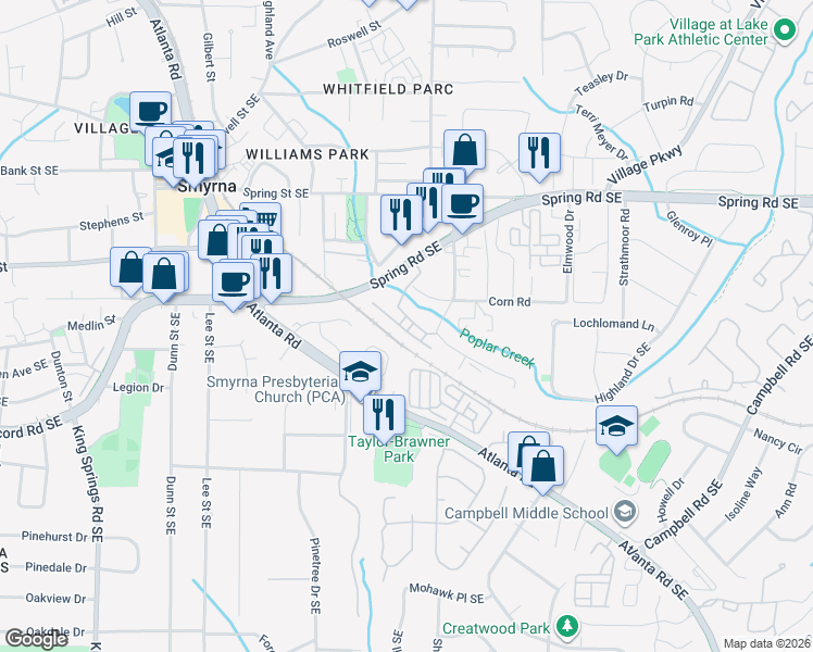 map of restaurants, bars, coffee shops, grocery stores, and more near 1644 Mosaic Way in Smyrna