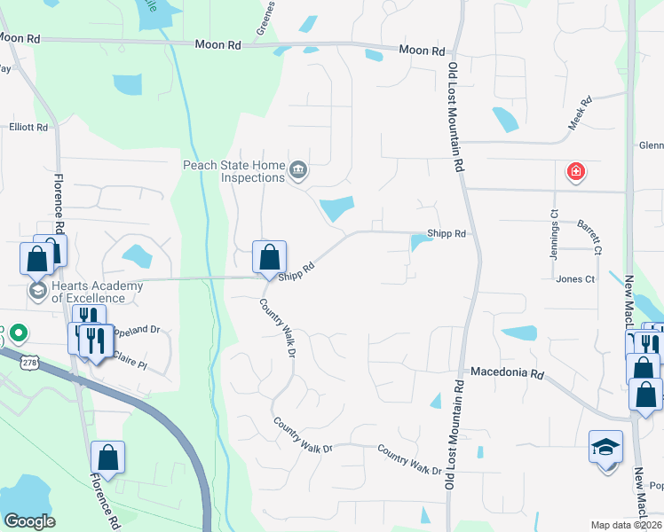 map of restaurants, bars, coffee shops, grocery stores, and more near 4749 Shipp Road in Powder Springs
