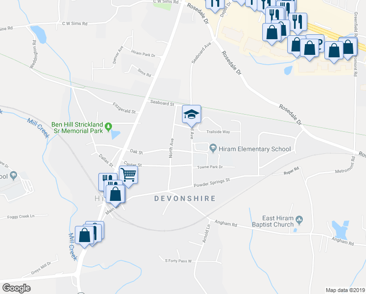 map of restaurants, bars, coffee shops, grocery stores, and more near 50 Oak Street in Hiram