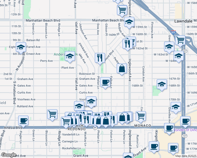 map of restaurants, bars, coffee shops, grocery stores, and more near Phelan Lane & Graham Avenue in Redondo Beach