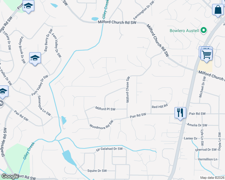 map of restaurants, bars, coffee shops, grocery stores, and more near 1562 Milford Creek Lane Southwest in Marietta