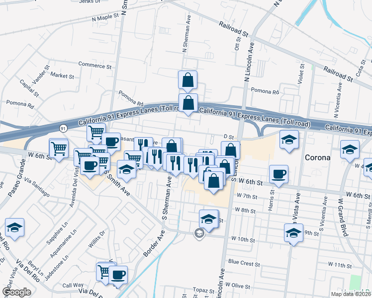 map of restaurants, bars, coffee shops, grocery stores, and more near 1240 E Street in Corona