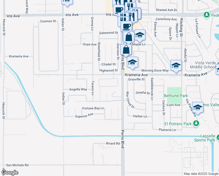 map of restaurants, bars, coffee shops, grocery stores, and more near 24881 Sirius Avenue in Moreno Valley