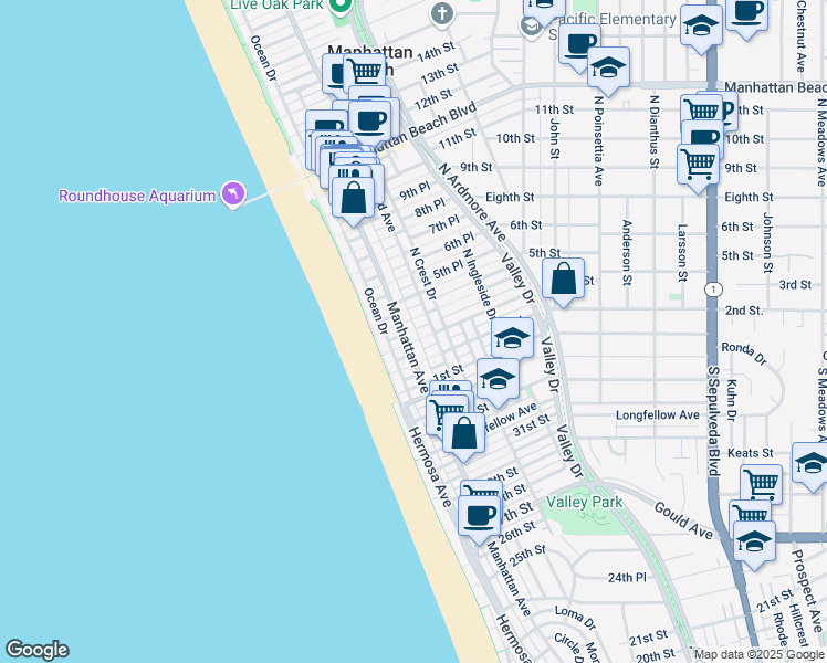map of restaurants, bars, coffee shops, grocery stores, and more near 307 Bayview Drive in Manhattan Beach