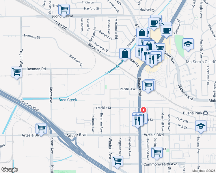 map of restaurants, bars, coffee shops, grocery stores, and more near 5631 Stratford Circle in Buena Park