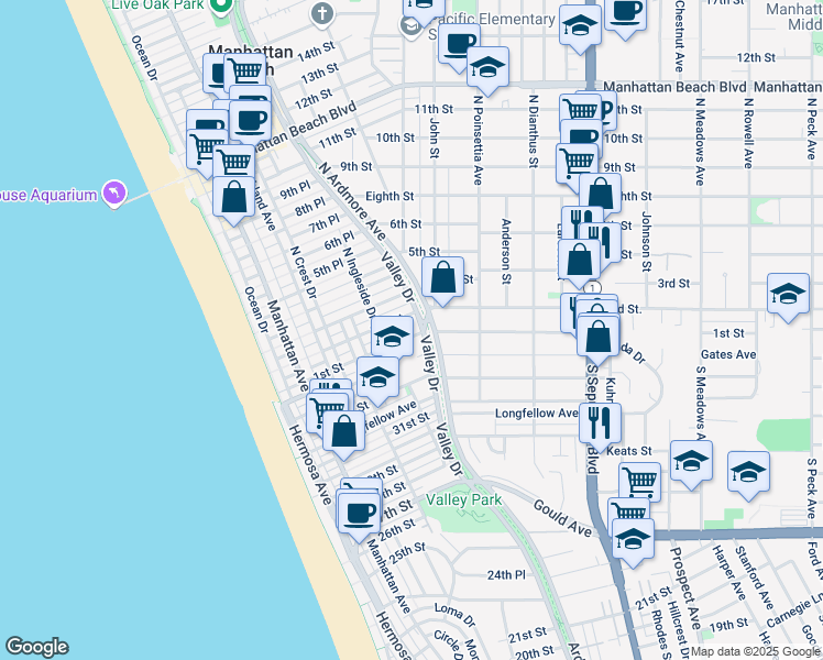 map of restaurants, bars, coffee shops, grocery stores, and more near 541 1st Street in Manhattan Beach