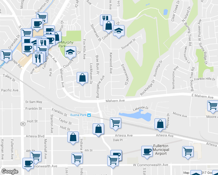 map of restaurants, bars, coffee shops, grocery stores, and more near 5591 Kenwood Avenue in Buena Park