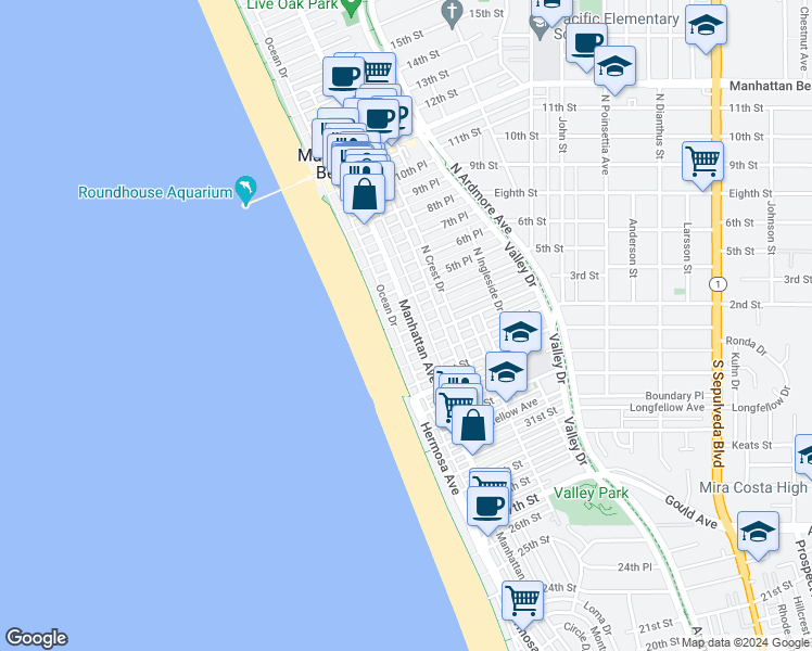 map of restaurants, bars, coffee shops, grocery stores, and more near 126 4th Street in Manhattan Beach
