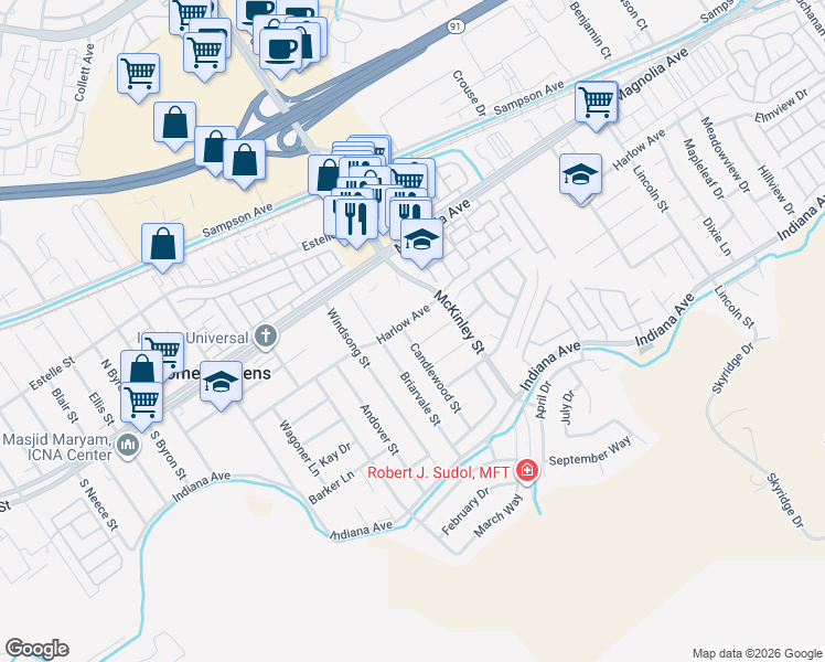 map of restaurants, bars, coffee shops, grocery stores, and more near 3641 Candlewood Street in Corona