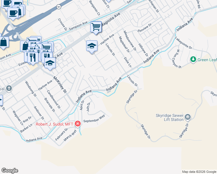 map of restaurants, bars, coffee shops, grocery stores, and more near 12846 Mayflower Court in Riverside