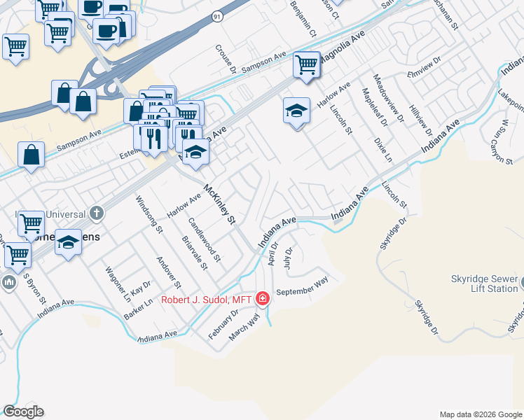 map of restaurants, bars, coffee shops, grocery stores, and more near 3514 Autumn Walk Drive in Riverside