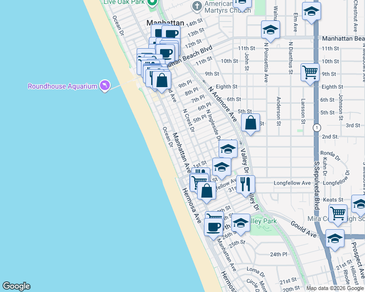 map of restaurants, bars, coffee shops, grocery stores, and more near 312 Manhattan Avenue in Manhattan Beach