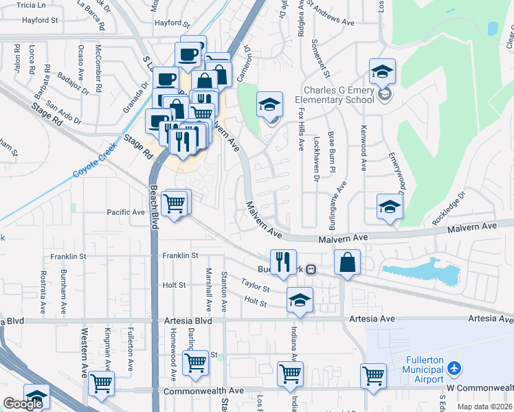 map of restaurants, bars, coffee shops, grocery stores, and more near 8175 Mammoth Circle in Buena Park