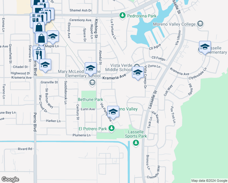 map of restaurants, bars, coffee shops, grocery stores, and more near 25627 Camino Castillo in Moreno Valley