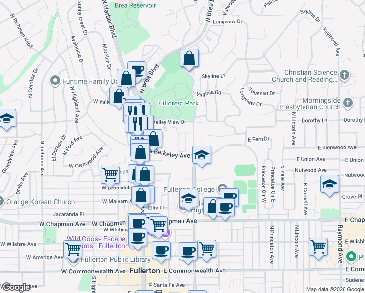 map of restaurants, bars, coffee shops, grocery stores, and more near 137 Hillcrest Drive in Fullerton