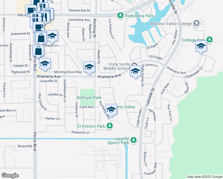 map of restaurants, bars, coffee shops, grocery stores, and more near 25627 Camino Castillo in Moreno Valley