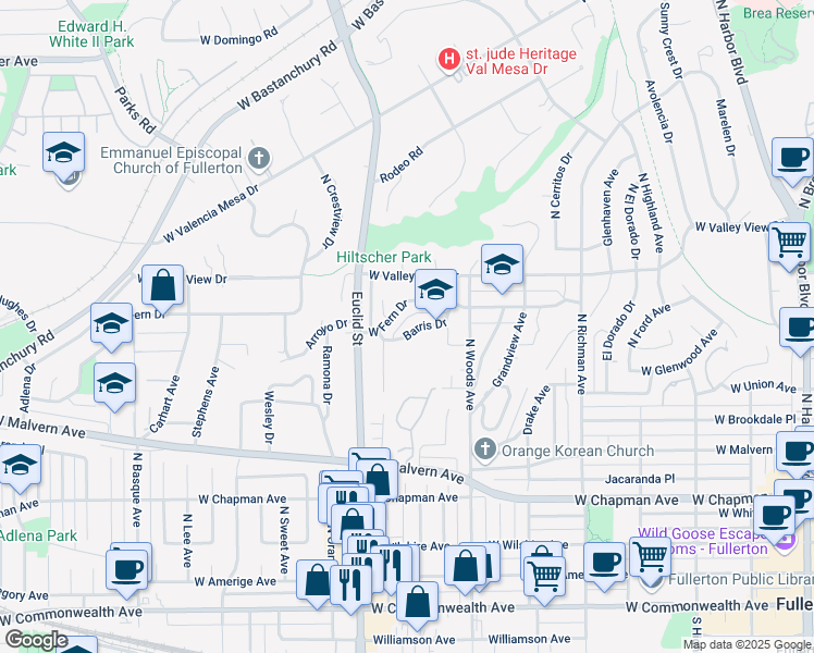 map of restaurants, bars, coffee shops, grocery stores, and more near 745 Barris Drive in Fullerton