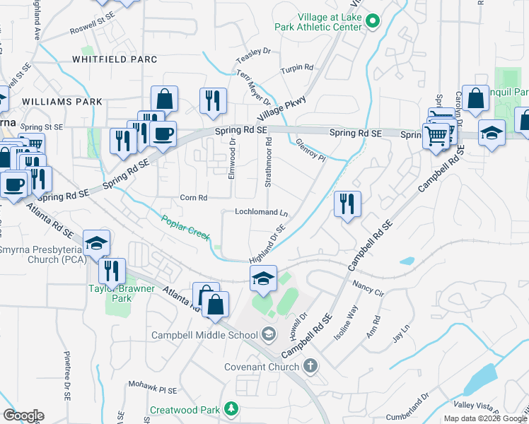 map of restaurants, bars, coffee shops, grocery stores, and more near 1920 Lochlomand Lane in Smyrna