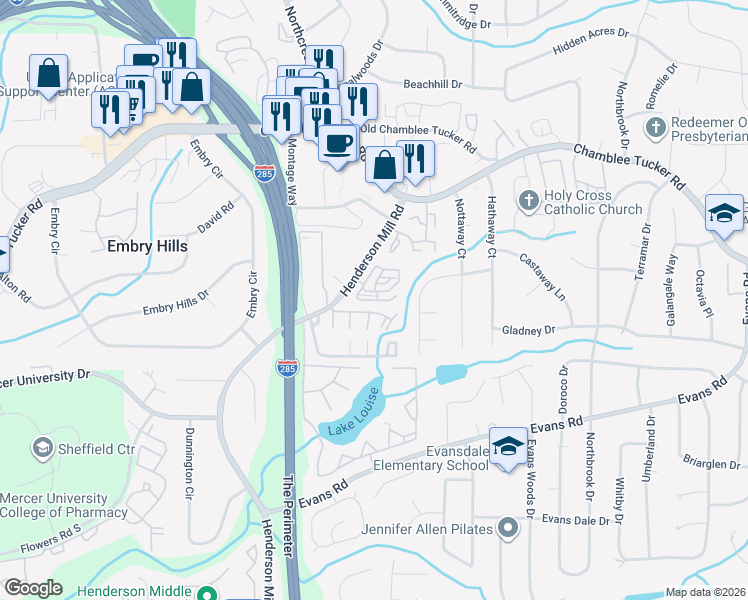 map of restaurants, bars, coffee shops, grocery stores, and more near 3455 Henderson Reserve in Atlanta
