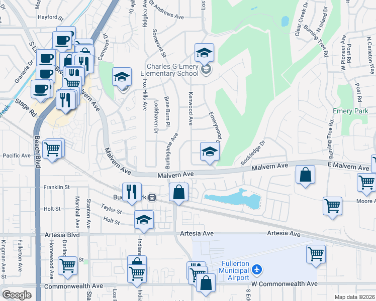 map of restaurants, bars, coffee shops, grocery stores, and more near 5591 Kenwood Avenue in Buena Park