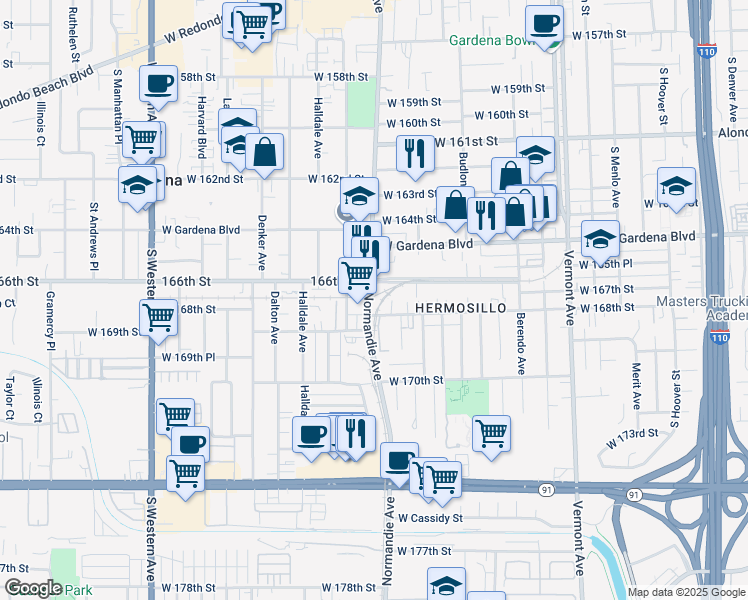 map of restaurants, bars, coffee shops, grocery stores, and more near 1345 West 168th Street in Gardena