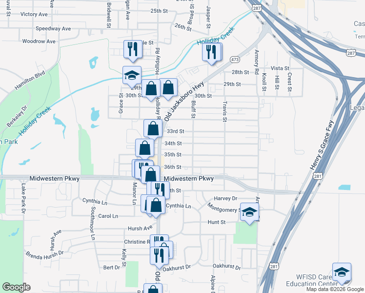 map of restaurants, bars, coffee shops, grocery stores, and more near 1400 35th Street in Wichita Falls