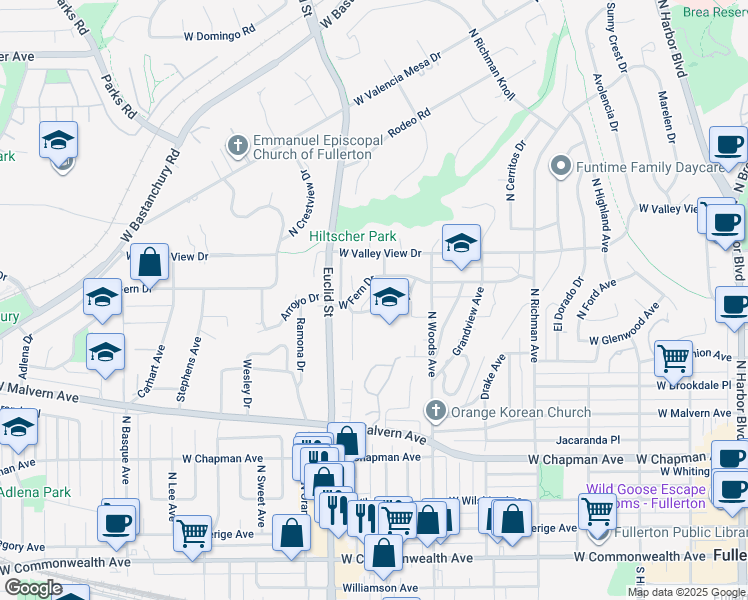 map of restaurants, bars, coffee shops, grocery stores, and more near 745 Barris Drive in Fullerton