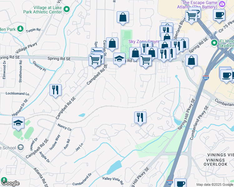 map of restaurants, bars, coffee shops, grocery stores, and more near 1220 Bickham Way Southeast in Smyrna