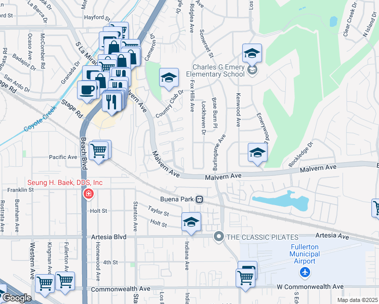 map of restaurants, bars, coffee shops, grocery stores, and more near 5300 Beach Boulevard in Buena Park