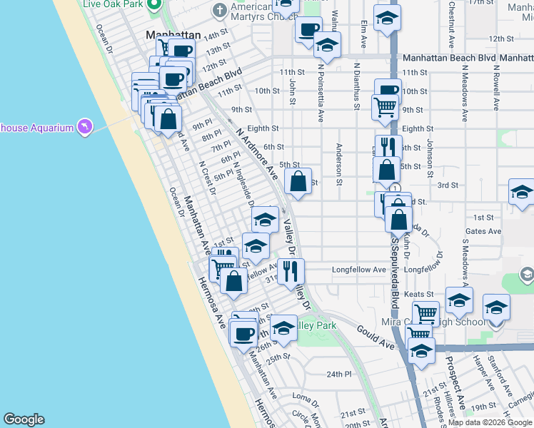map of restaurants, bars, coffee shops, grocery stores, and more near 520 2nd Street in Manhattan Beach