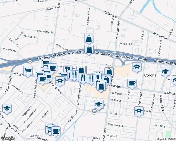 map of restaurants, bars, coffee shops, grocery stores, and more near 1240 E Street in Corona
