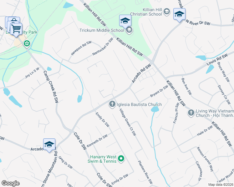 map of restaurants, bars, coffee shops, grocery stores, and more near 318 Fieldhouse in Lilburn