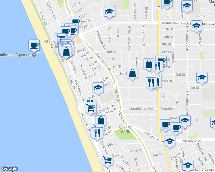 map of restaurants, bars, coffee shops, grocery stores, and more near 520 2nd Street in Manhattan Beach