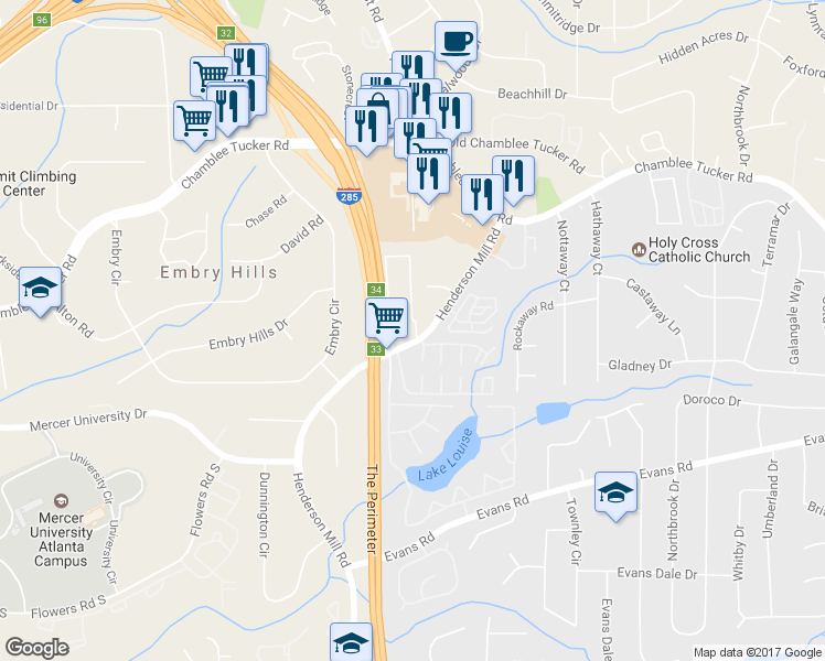 map of restaurants, bars, coffee shops, grocery stores, and more near 3242 Henderson Mill Road in Chamblee