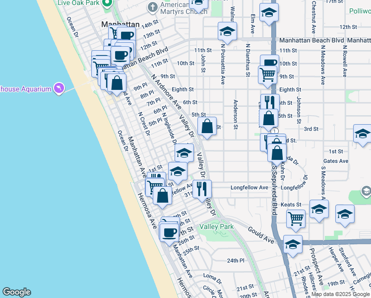 map of restaurants, bars, coffee shops, grocery stores, and more near 520 2nd Street in Manhattan Beach