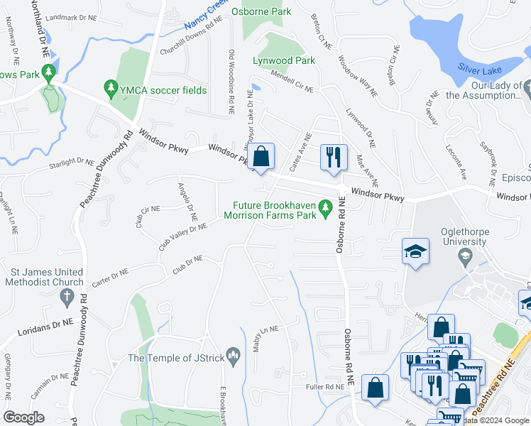 map of restaurants, bars, coffee shops, grocery stores, and more near 3091 Mabry Road Northeast in Atlanta