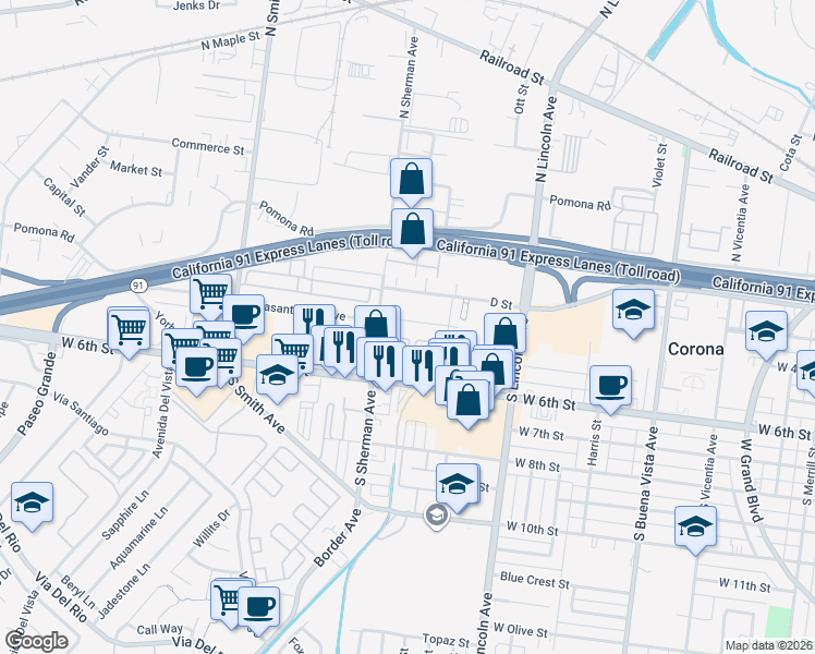 map of restaurants, bars, coffee shops, grocery stores, and more near 80 Summerwood Court in Corona