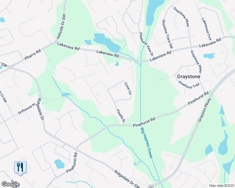 map of restaurants, bars, coffee shops, grocery stores, and more near 2073 Lou Court Southwest in Grayson