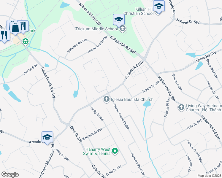 map of restaurants, bars, coffee shops, grocery stores, and more near 318 Fieldhouse in Lilburn