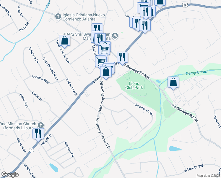 map of restaurants, bars, coffee shops, grocery stores, and more near 20 Harmony Grove Road in Lilburn