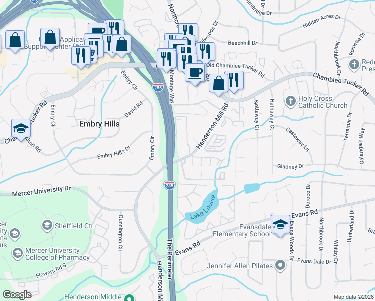 map of restaurants, bars, coffee shops, grocery stores, and more near 3242 Henderson Mill Road in Chamblee