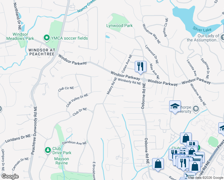 map of restaurants, bars, coffee shops, grocery stores, and more near 3091 Mabry Road Northeast in Atlanta