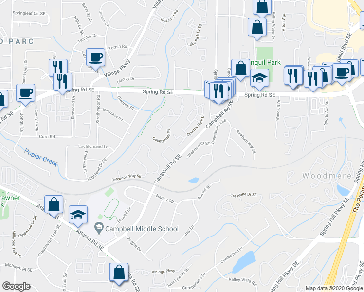 map of restaurants, bars, coffee shops, grocery stores, and more near 1602 Country Park Drive in Smyrna