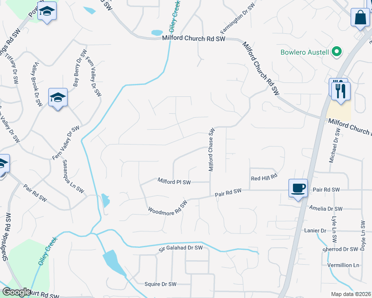 map of restaurants, bars, coffee shops, grocery stores, and more near 1562 Milford Creek Lane Southwest in Marietta