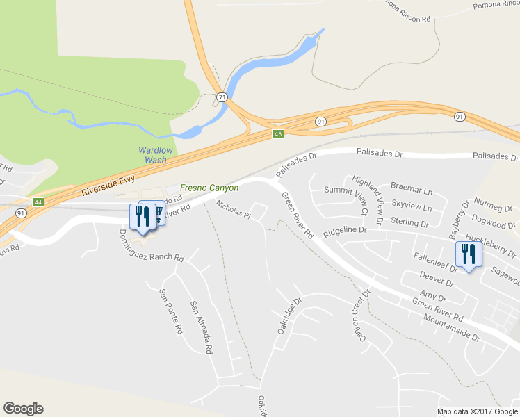 map of restaurants, bars, coffee shops, grocery stores, and more near 965 Manor Way in Corona