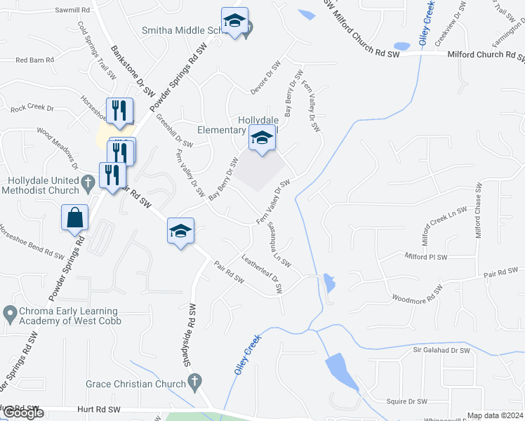 map of restaurants, bars, coffee shops, grocery stores, and more near 3117 Fern Valley Drive Southwest in Marietta