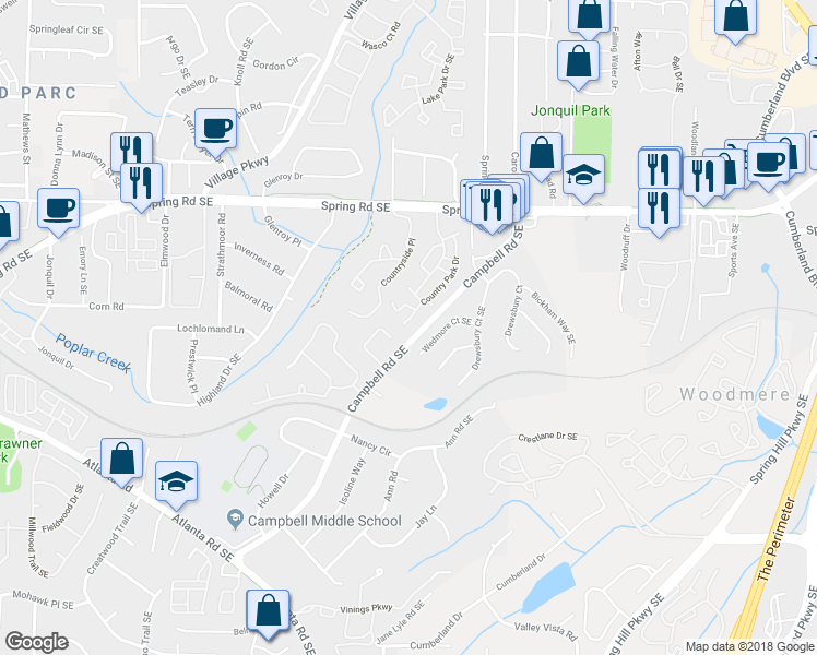 map of restaurants, bars, coffee shops, grocery stores, and more near 1602 Country Park Drive in Smyrna